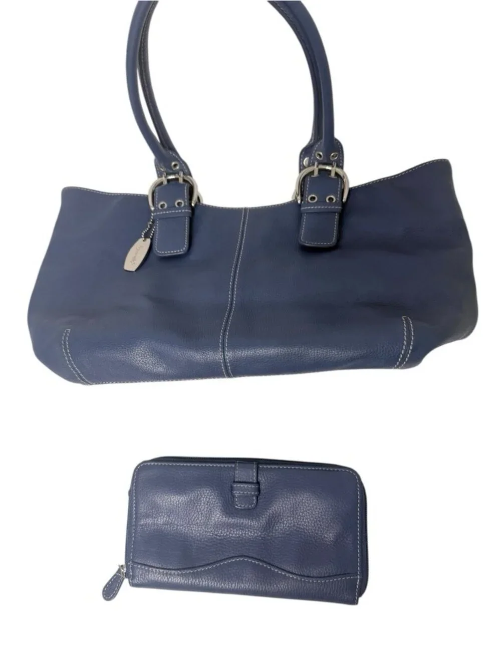Tignanello Genuine Leather Navy Blue Tote Handbag Shoulder Bag and Wallet